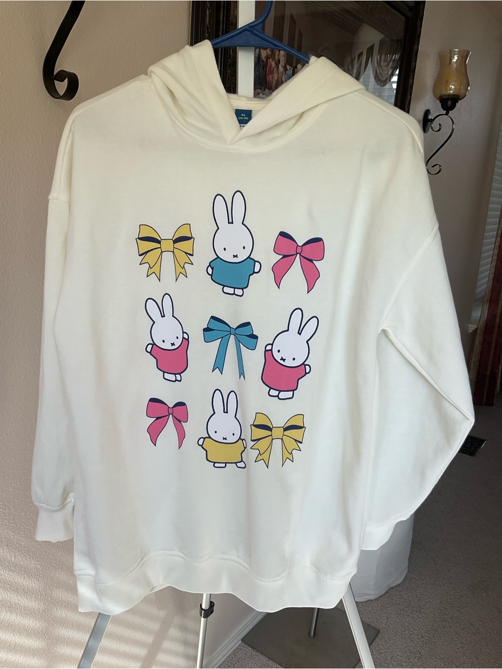 Cream Hoodie with Cute Bunny & Bows Graphic